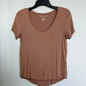 American Eagle Copper Striped Soft and Sext Tshirt with Ruffle Hems